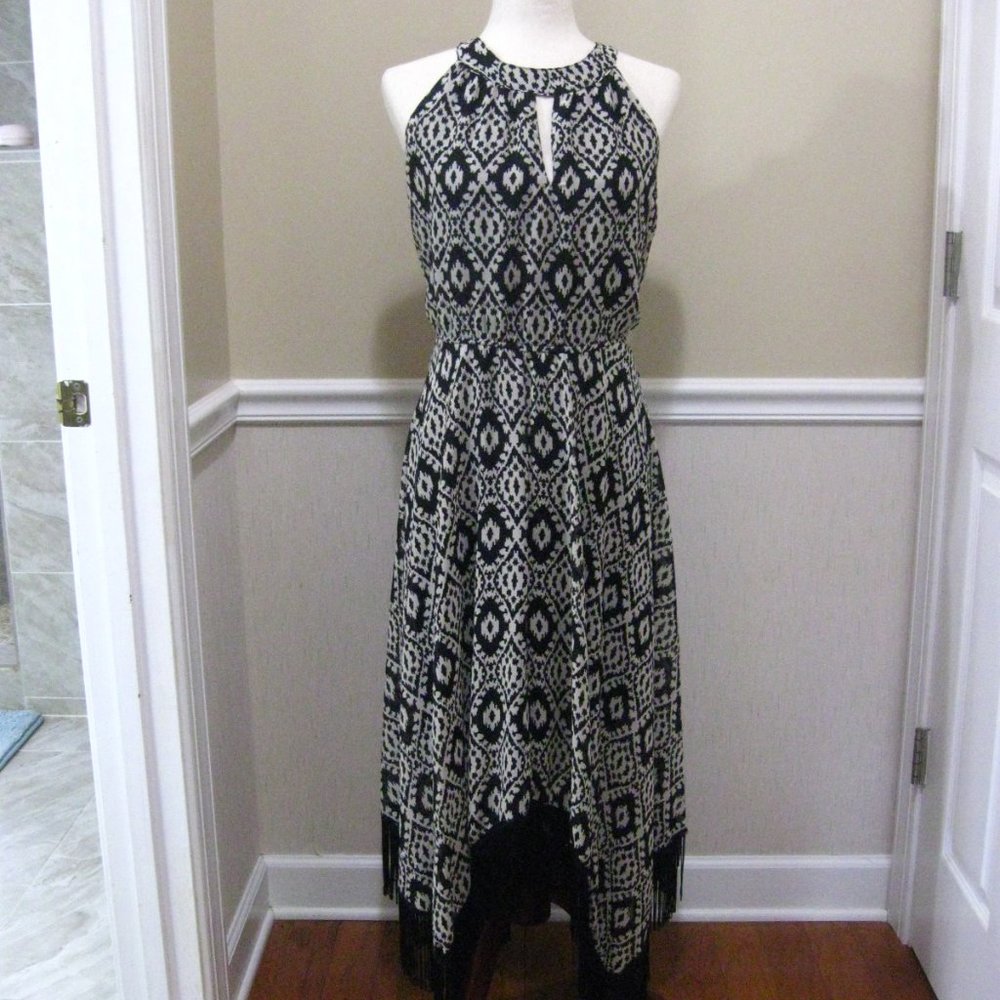 Fringed Asymmetric Hem Midi Dress sz L Beige Black Chiffon